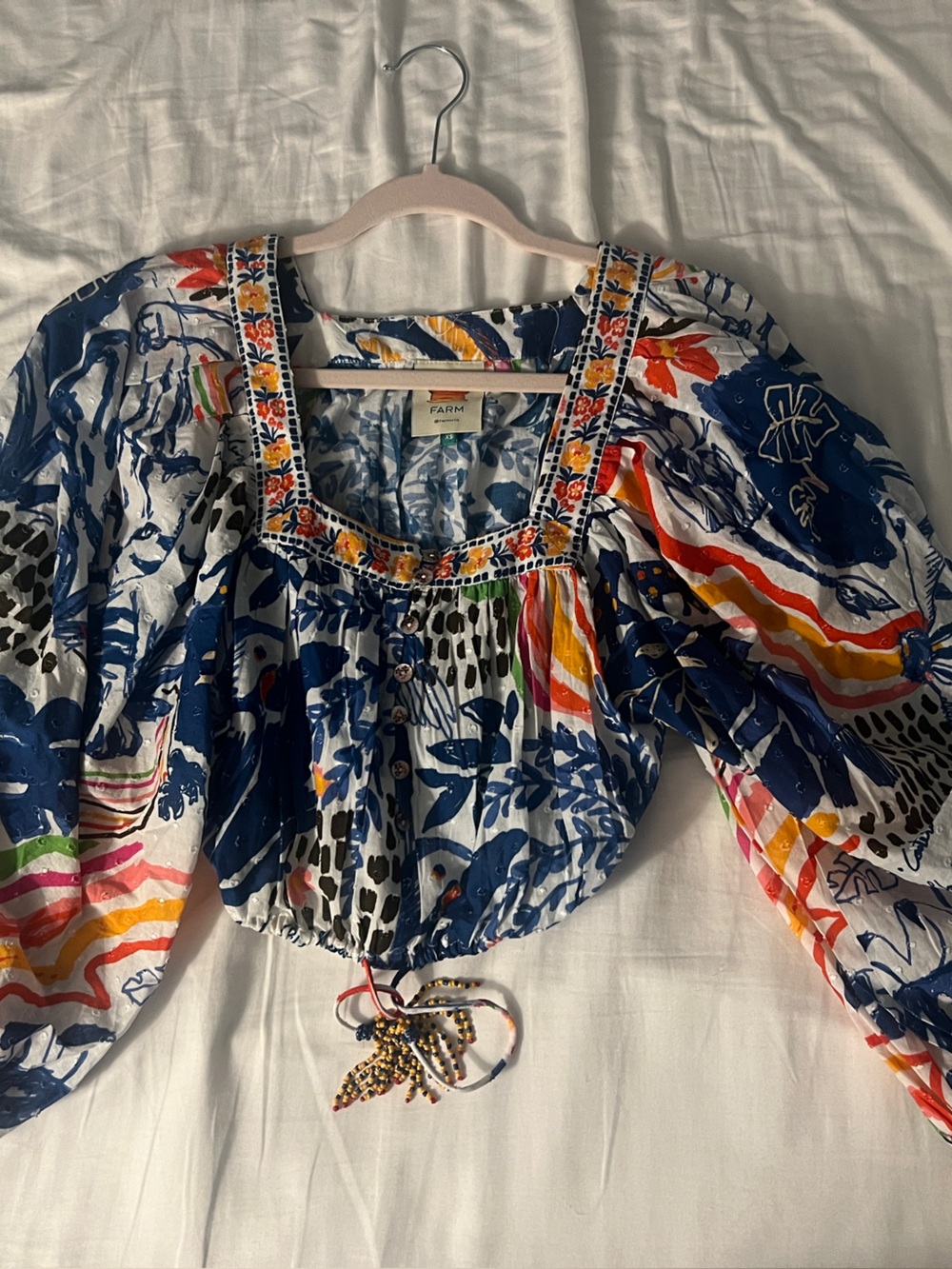 FARM Rio Navy Floral Drawstring Crop Top with Multicolor Accents - Picture 6 of 8